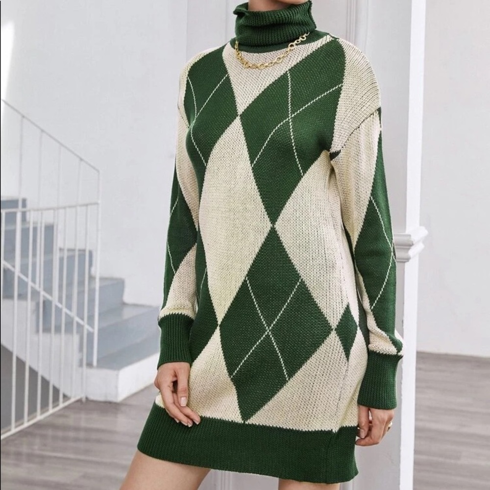 Green Argyle Sweater Dress
